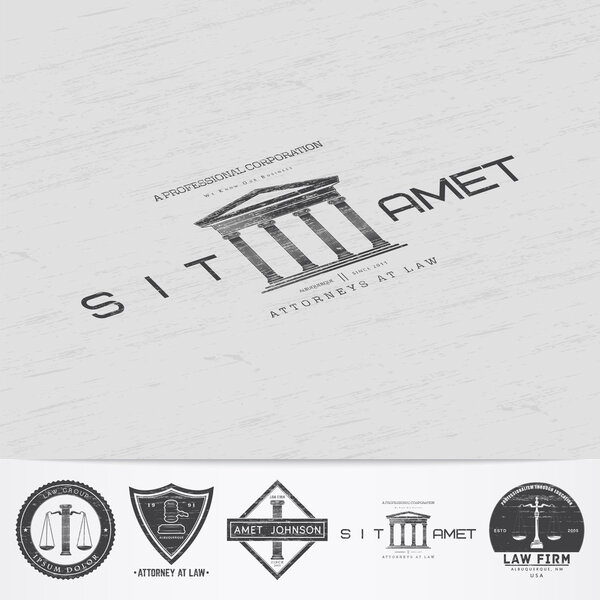 Lawyer services. Law office. The judge, the district attorney, the lawyer of vintage labels. Scales of Justice. Old retro vintage grunge. Typographic labels, stickers, logos and badges.