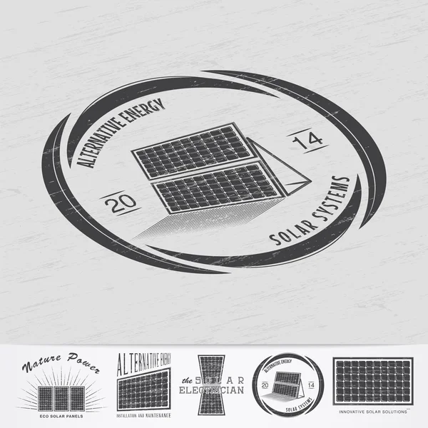 Solar panels for energy. Sustainable ecological solar energy generator powered by natural energy source. Old school of vintage label. S — Stockvector