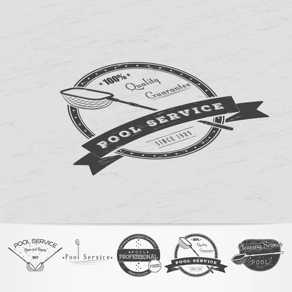 Pool Service. Maintenance and Cleaning. Repair and adjustment of the house. Old retro vintage grunge. Monochrome typographic labels, stickers, logos and badges. — Stockvector