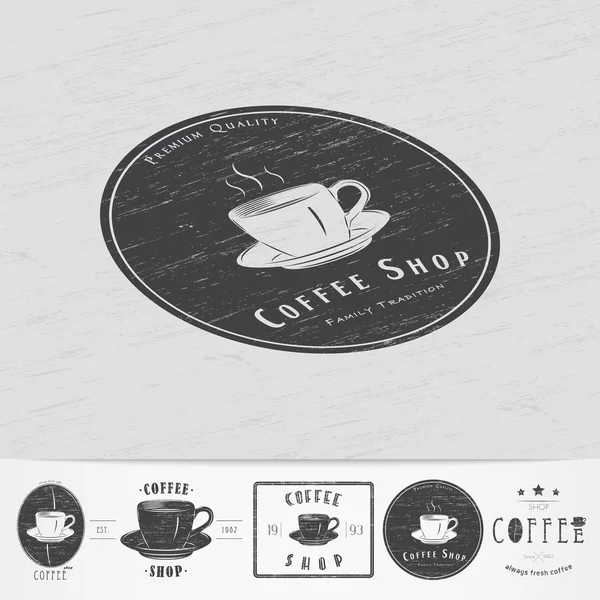 Coffee shop and cafe. The food and service. Old retro vintage grunge. Scratched, damaged, dirty effect. Monochrome typographic labels, stickers, logos and badges. — Stock Vector