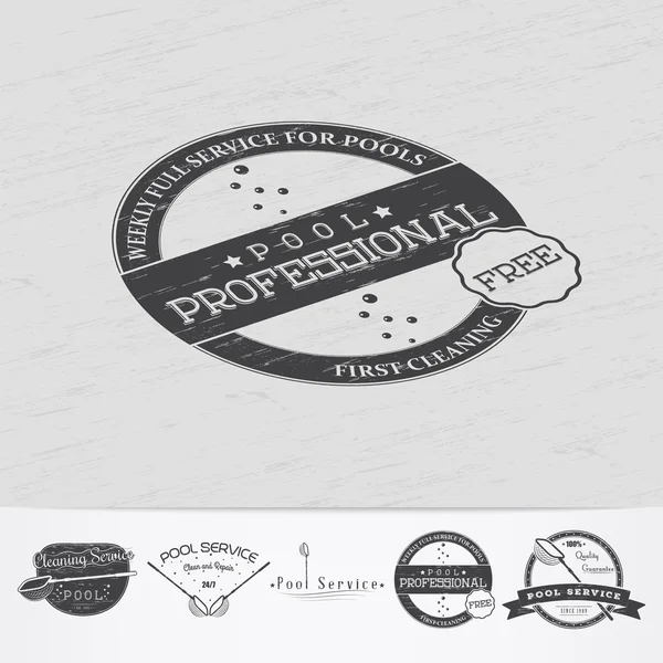 Pool Service. Maintenance and Cleaning. Repair and adjustment of the house. Old retro vintage grunge. Monochrome typographic labels, stickers, logos and badges. — Stock Vector