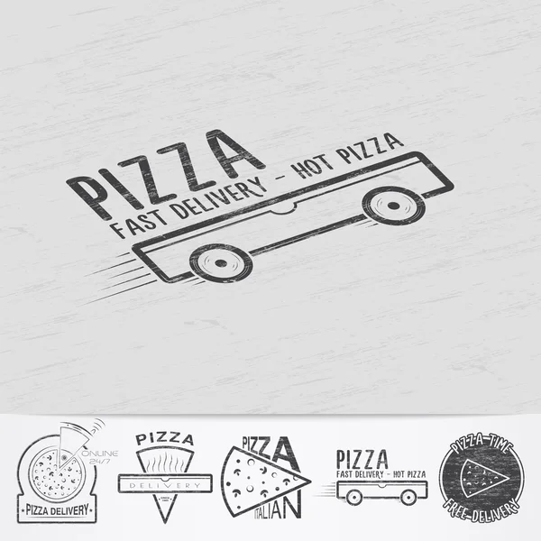 Consegna della pizza. Il cibo e il servizio. Vecchia scuola di etichetta vintage. Vecchio grunge vintage retrò. Effetto graffiato, danneggiato, sporco. Etichette tipografiche monocromatiche, adesivi, loghi e distintivi . — Vettoriale Stock