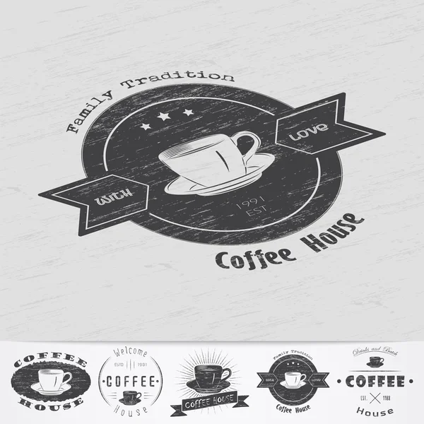 Caffetteria e caffetteria. Il cibo e il servizio. Vecchio grunge vintage retrò. Effetto graffiato, danneggiato, sporco. Etichette tipografiche monocromatiche, adesivi, loghi e distintivi . — Vettoriale Stock