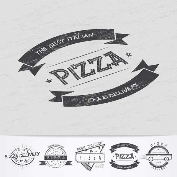 Pizza delivery. The food and service. Old school of vintage label. Old retro vintage grunge. Scratched, damaged, dirty effect. Monochrome typographic labels, stickers, logos and badges. — Stock Vector