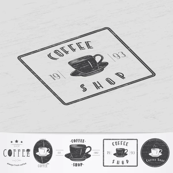 Café und Café. das Essen und der Service. alter Retro Vintage Grunge. zerkratzt, beschädigt, verschmutzt. Typografische monochrome Etiketten, Aufkleber, Logos und Abzeichen. — Stockvektor