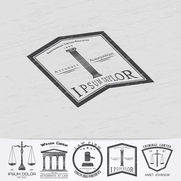 Lawyer services. Law office. The judge, the district attorney, the lawyer of vintage labels. Old retro vintage grunge. Typographic labels, stickers, logos and badges. — Stock Vector