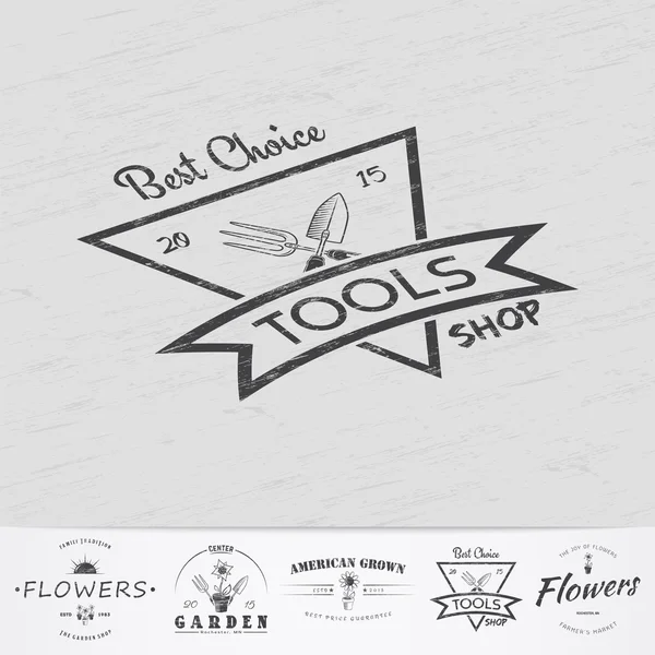 A farm growing flowers. Gardening Tools Shop. Garden Center set of vintage labels. — 스톡 벡터