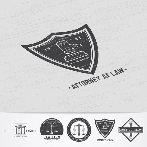 Lawyer services. Law office. The judge, the district attorney, the lawyer of vintage labels. Old retro vintage grunge. Typographic labels, stickers, logos and badges.
