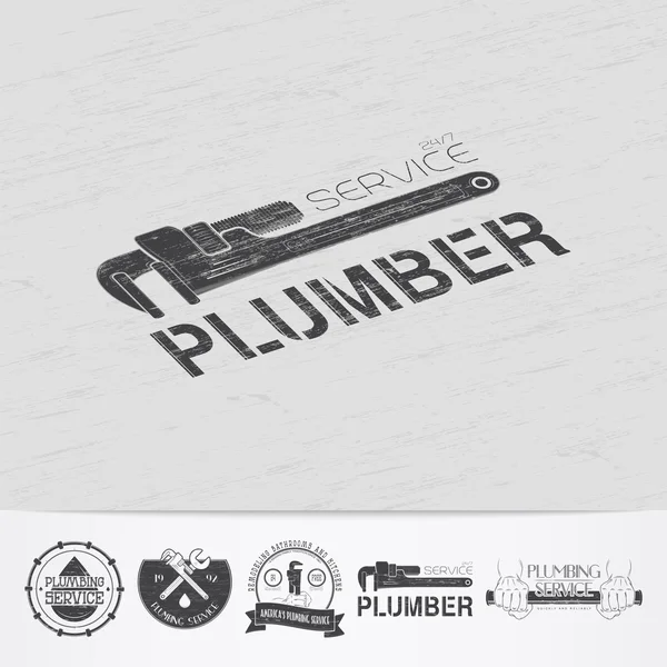 Plumbing service. Home repairs. Repair and maintenance of buildings.Old retro vintage grunge. Scratched, damaged, dirty effect. Monochrome typographic labels, stickers, logos and badges. — 图库矢量图片