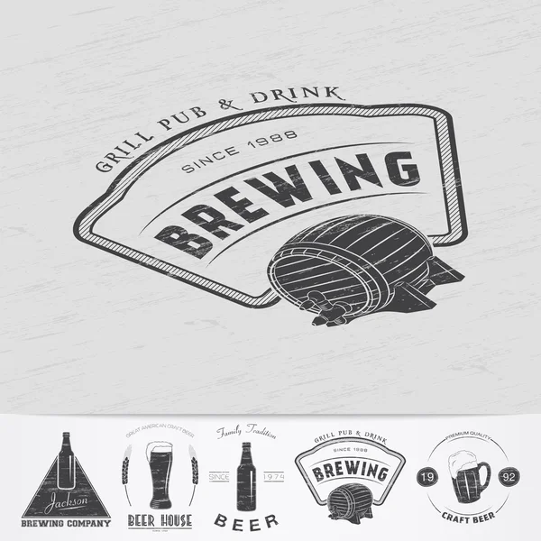Beer pub. Brewing old school of vintage label. Old retro vintage grunge. Scratched, damaged, dirty effect. Monochrome typographic labels, stickers, logos and badges. — Stock Vector