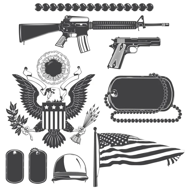 Elementos patrióticos americanos establecidos. Armas, armaduras, bandera, sello. Etiquetas tipográficas, pegatinas, logotipos e insignias . Vector De Stock