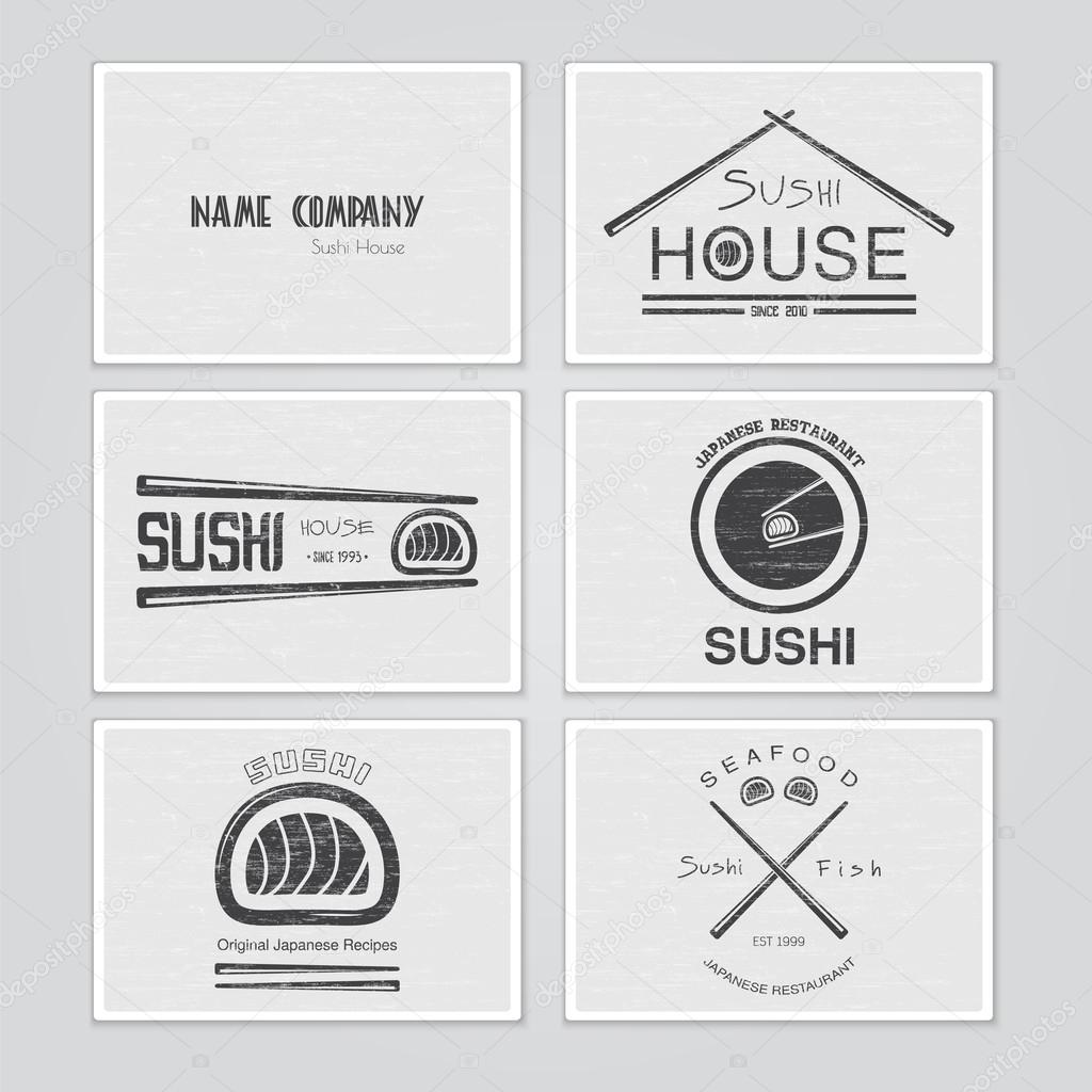 Sushi and rolls a set. Japanese kitchen. Typographic labels, logos and badges. Flat vector illustration