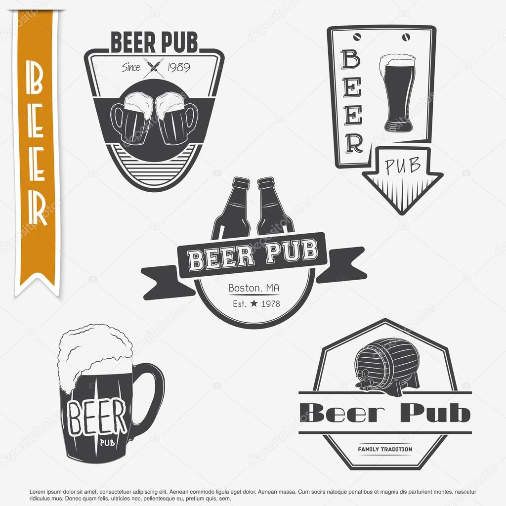 Beer pub set. Brewing typographic labels, logos and badges.
