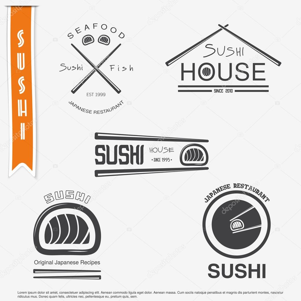 Sushi and rolls a set. Japanese kitchen. Typographic labels, logos and badges. Flat vector illustration