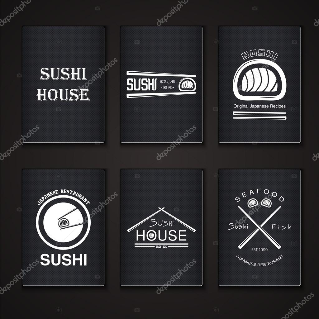 Sushi and rolls a set. Japanese kitchen. Typographic labels, logos and badges. Flat vector illustration