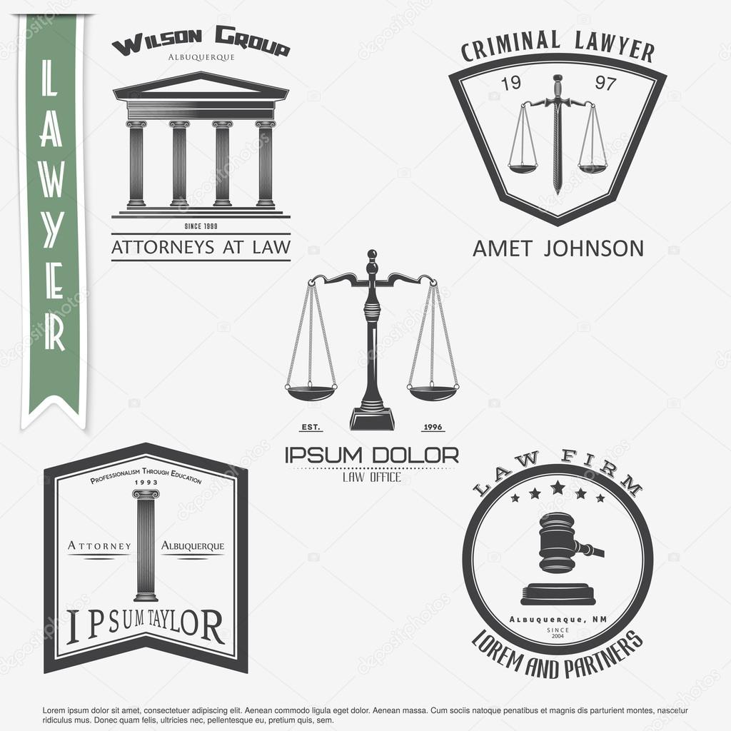 Lawyer services. Law office. The judge, the district attorney, the lawyer set of vintage labels. Scales of Justice. Court of law symbol.  Typographic labels, stickers, logos and badges. Flat vector illustration