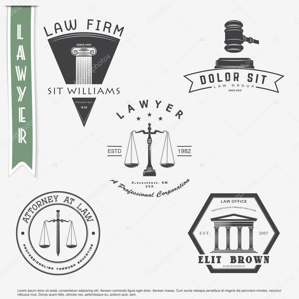 Lawyer services. Law office. The judge, the district attorney, the lawyer set of vintage labels. Scales of Justice. Court of law symbol.  Typographic labels, stickers, logos and badges. Flat vector illustration