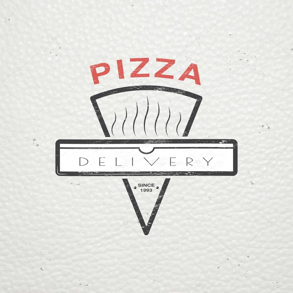 Pizza delivery. The food and service. Old school of vintage label. Old retro vintage grunge. Scratched, damaged, dirty effect. Typographic labels, stickers, logos and badges. Flat vector illustration