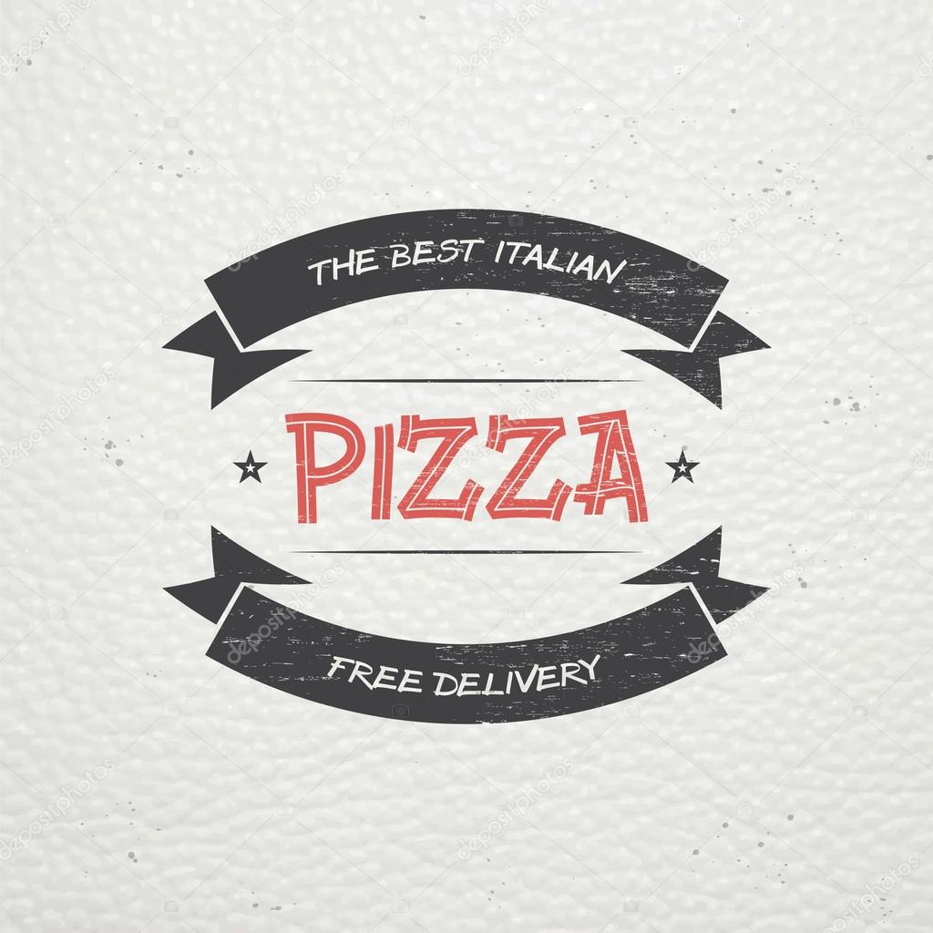 Pizza delivery. The food and service. Old school of vintage label. Old retro vintage grunge. Scratched, damaged, dirty effect. Typographic labels, stickers, logos and badges. Flat vector illustration