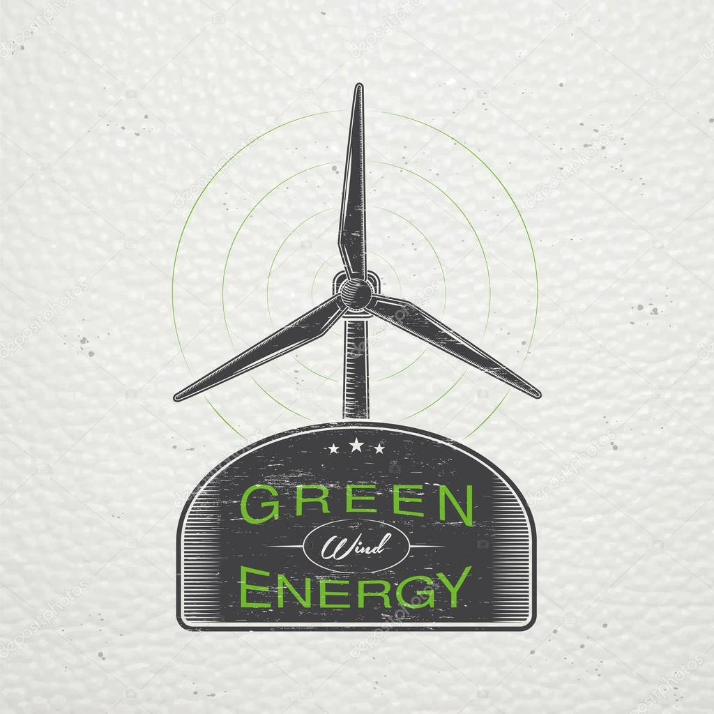 Windmills for energy. Sustainable ecological electrical power generator powered by wind natural energy source. Old retro vintage grunge. Typographic labels, stickers, logos and badges. Flat vector illustration
