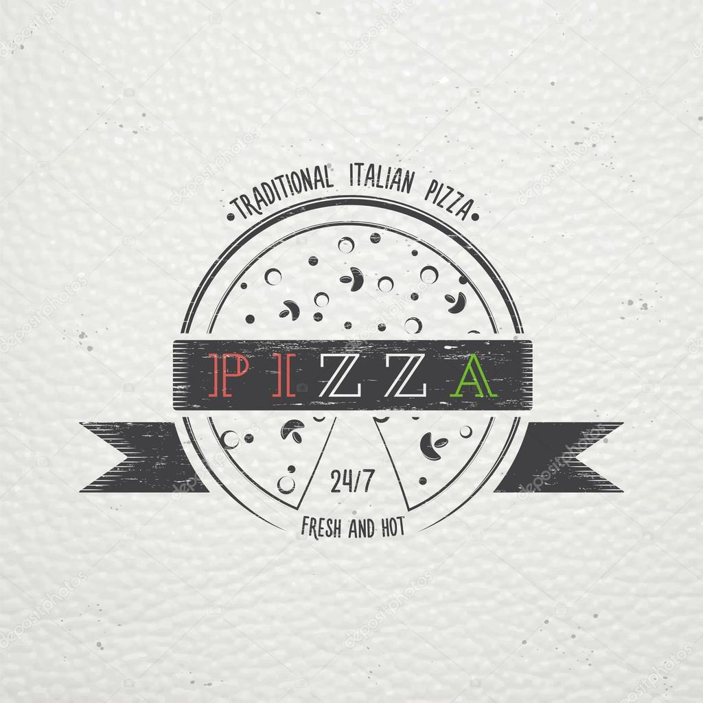 Pizza delivery. The food and service. Old school of vintage label. Old retro vintage grunge. Scratched, damaged, dirty effect. Typographic labels, stickers, logos and badges. Flat vector illustration