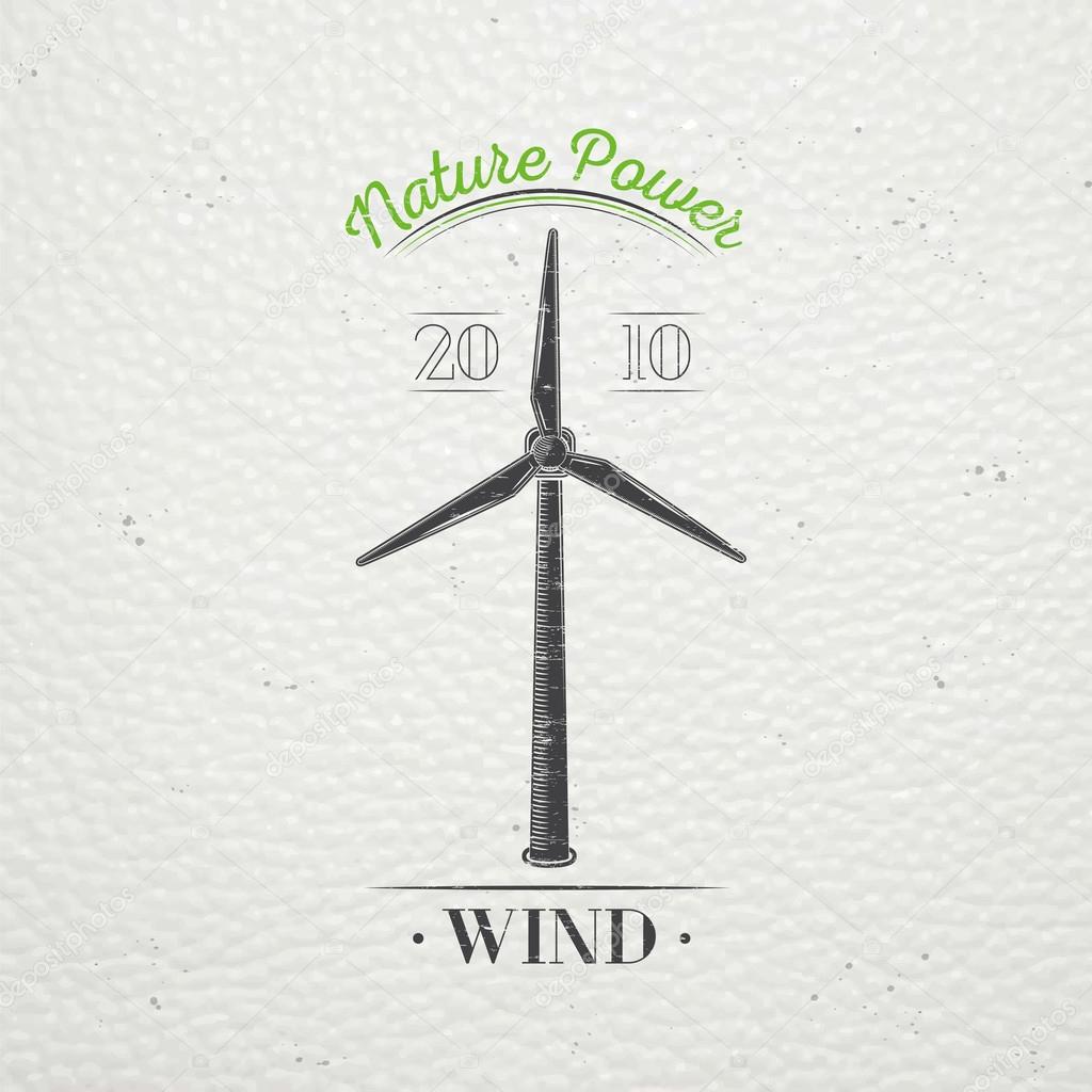 Windmills for energy. Sustainable ecological electrical power generator powered by wind natural energy source. Old retro vintage grunge. Typographic labels, stickers, logos and badges. Flat vector illustration