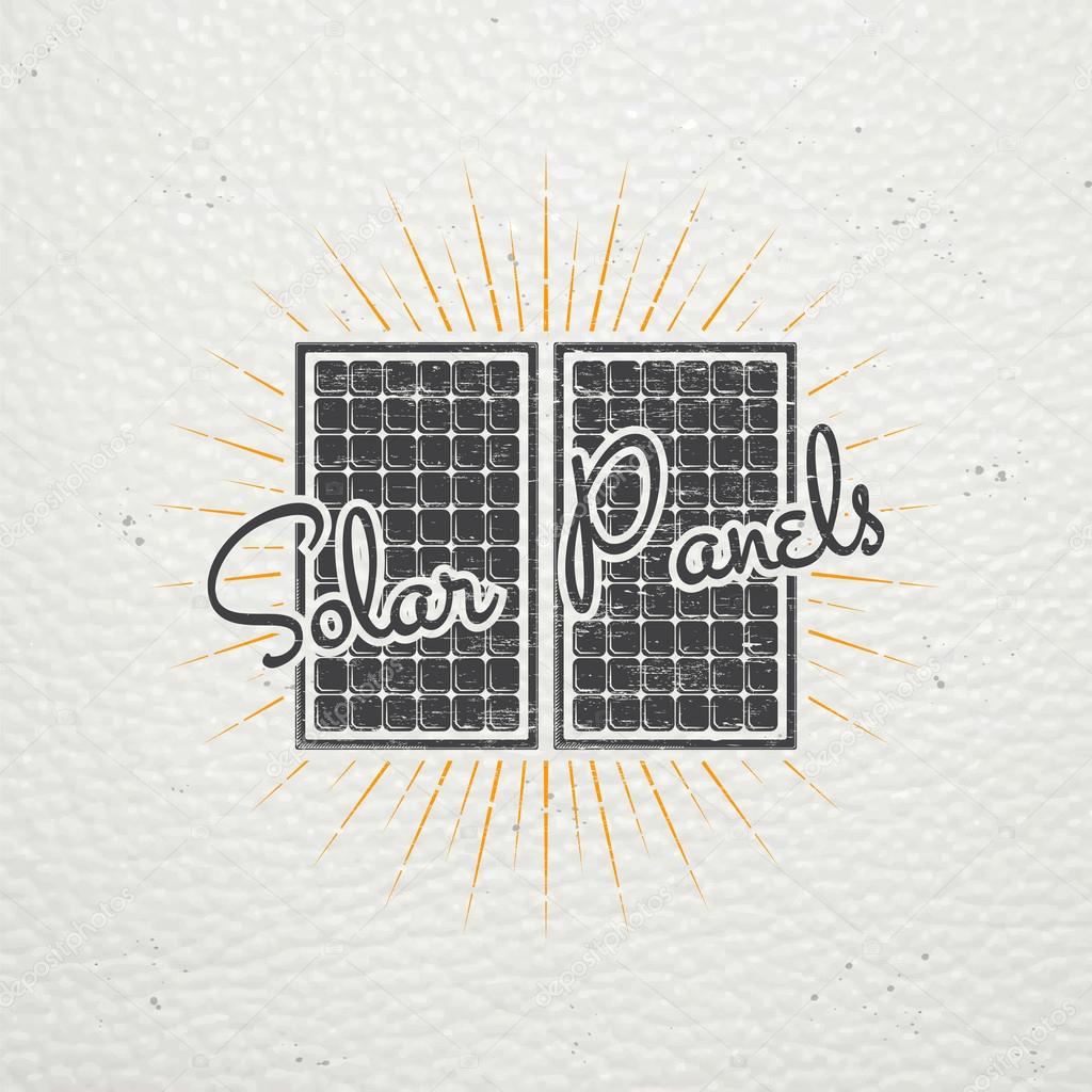 Solar panels for energy. Sustainable ecological solar energy generator powered by natural energy source. Old school of vintage label. Typographic labels, stickers, logos and badges. Flat vector illustration