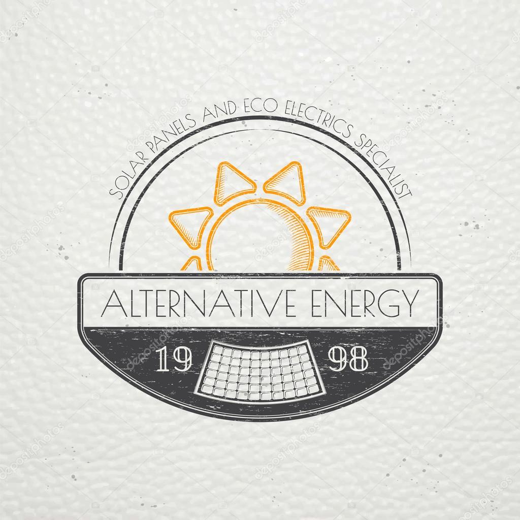 Solar panels for energy. Sustainable ecological solar energy generator powered by natural energy source. Old school of vintage label. Typographic labels, stickers, logos and badges. Flat vector illustration
