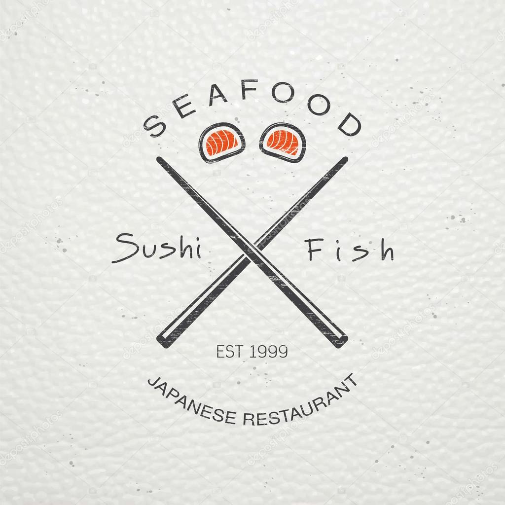 Sushi and rolls a set. Japanese kitchen. Food service. Old retro vintage grunge. Scratched, damaged, dirty effect. Typographic labels, stickers, logos and badges. Flat vector illustration