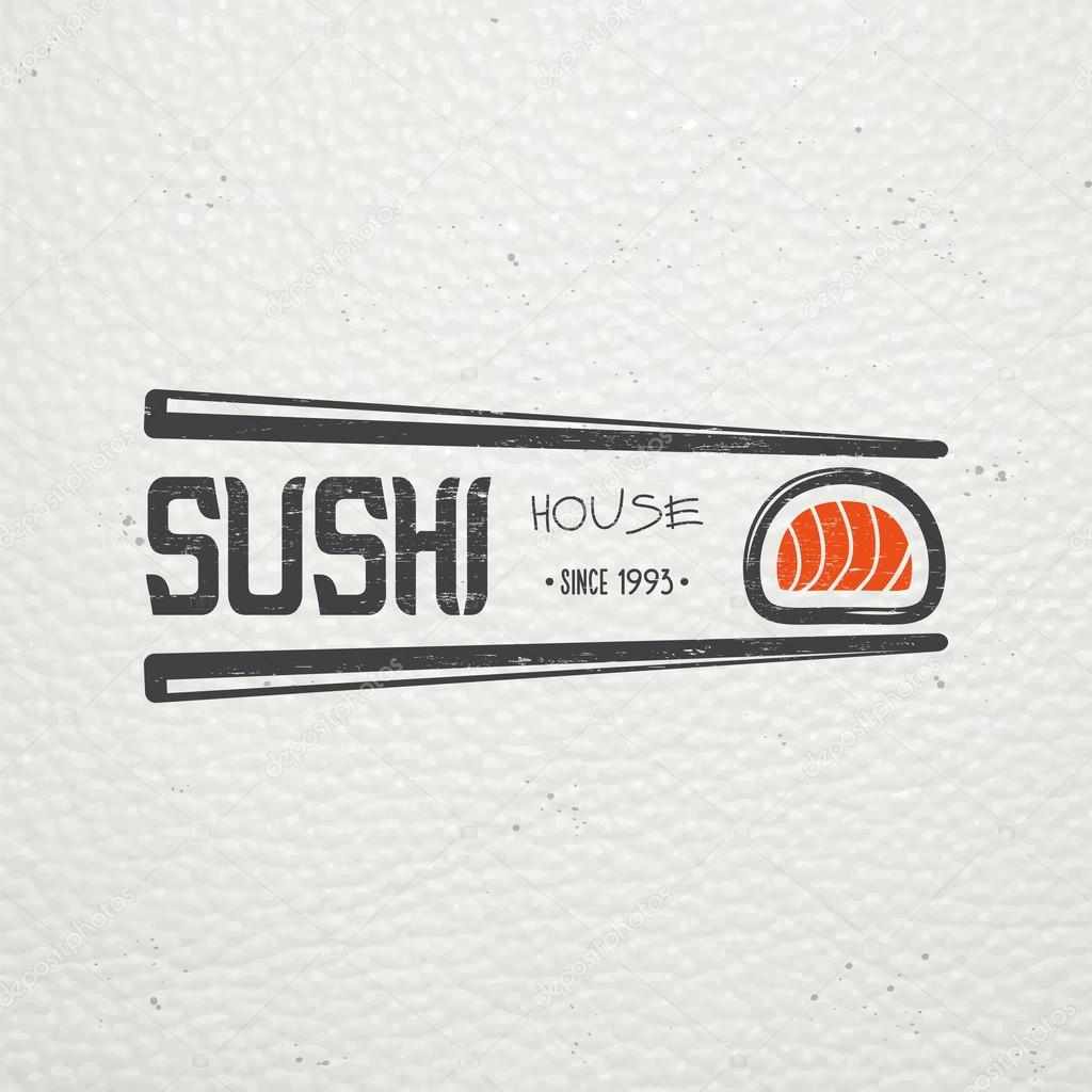 Sushi and rolls a set. Japanese kitchen. Food service. Old retro vintage grunge. Scratched, damaged, dirty effect. Typographic labels, stickers, logos and badges. Flat vector illustration