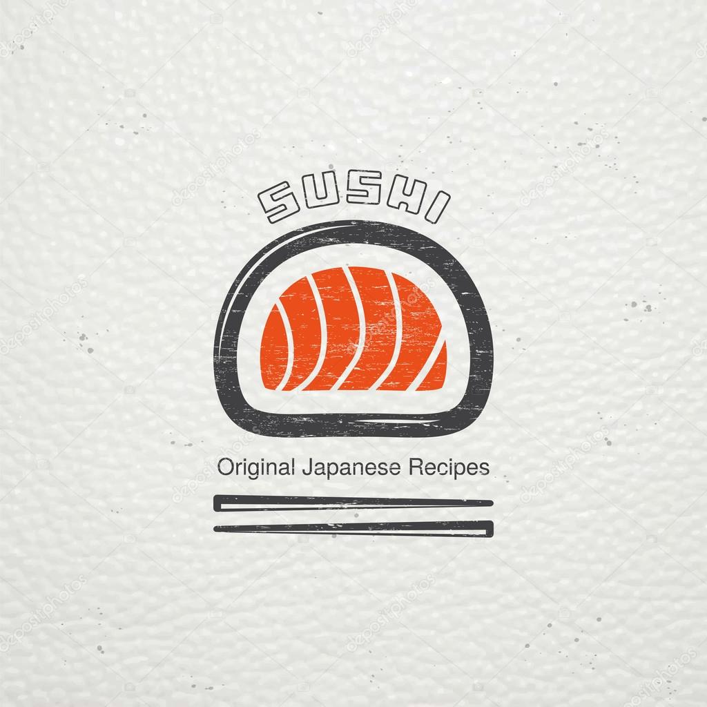 Sushi and rolls a set. Japanese kitchen. Food service. Old retro vintage grunge. Scratched, damaged, dirty effect. Typographic labels, stickers, logos and badges. Flat vector illustration