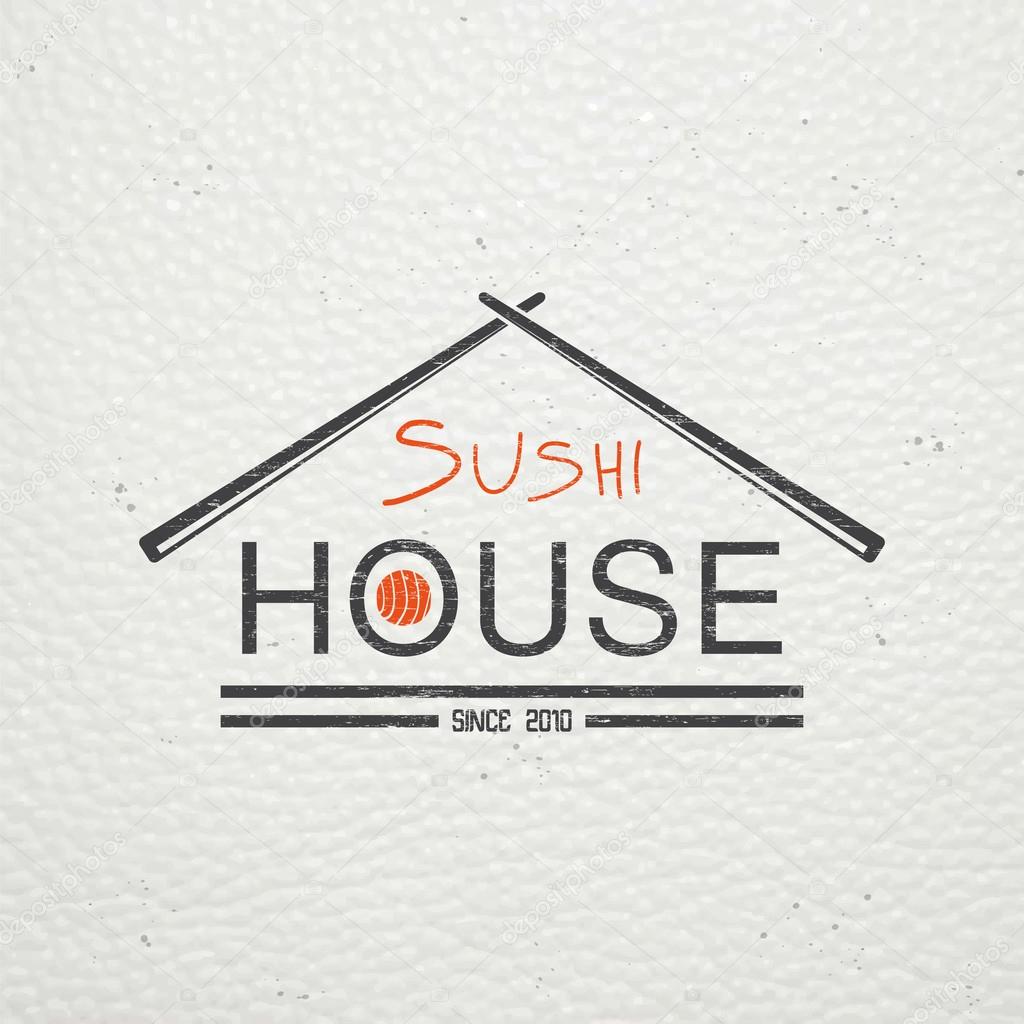 Sushi and rolls a set. Japanese kitchen. Food service. Old retro vintage grunge. Scratched, damaged, dirty effect. Typographic labels, stickers, logos and badges. Flat vector illustration