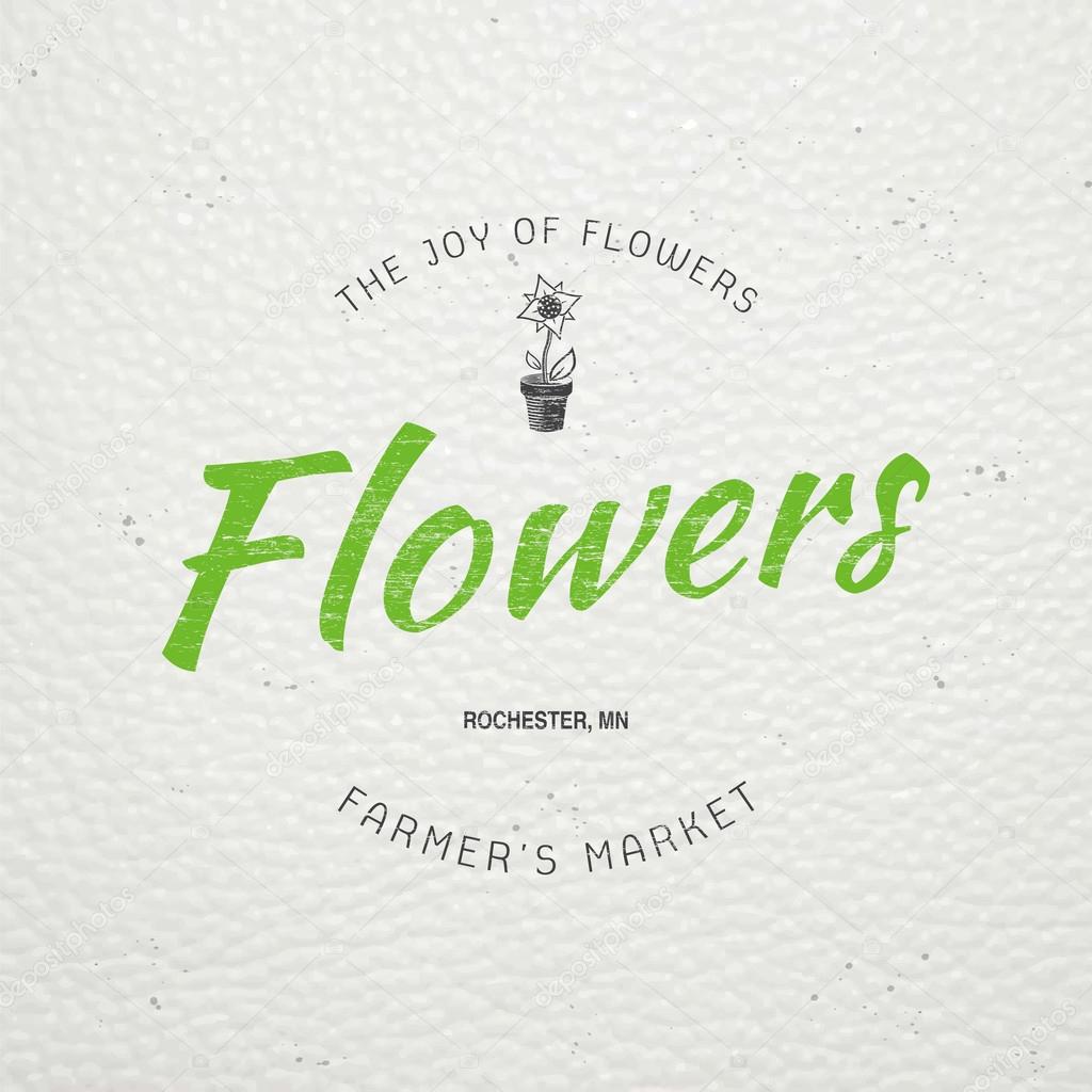A farm growing flowers. Gardening Tools Shop. Garden Center set. Old retro vintage grunge. Scratched, damaged, dirty effect. Typographic labels, stickers, logos and badges. Flat vector illustration