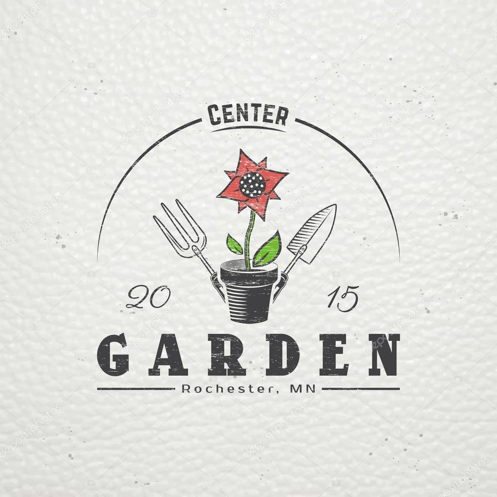 A farm growing flowers. Gardening Tools Shop. Garden Center set. Old retro vintage grunge. Scratched, damaged, dirty effect. Typographic labels, stickers, logos and badges. Flat vector illustration