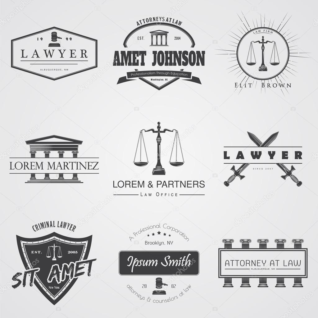 Lawyer services. Law office. The judge, the district attorney, the lawyer set of vintage labels. Scales of Justice. Court of law symbol.  Typographic labels, stickers, logos and badges.