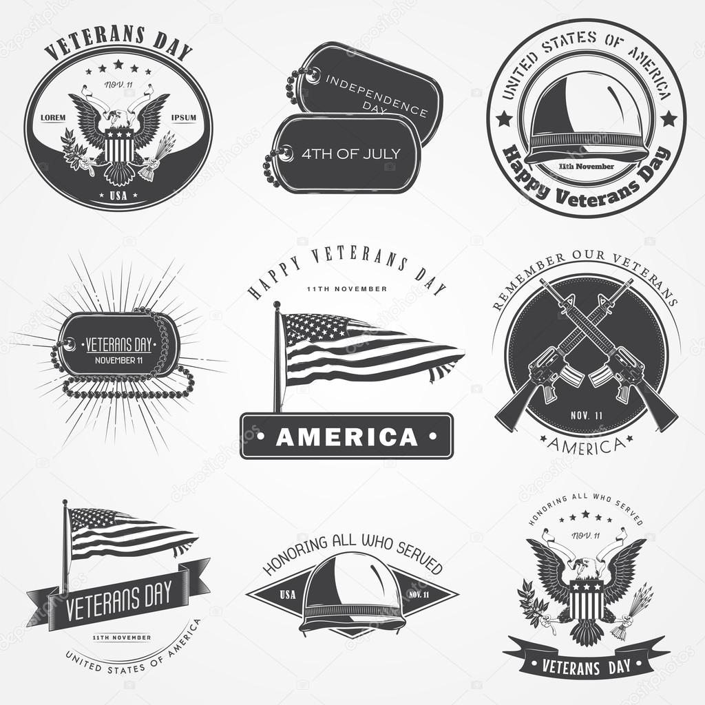 Happy veterans day set. Independence day. The celebration of patriotic celebration of America. Detailed elements. Typographic labels, stickers, logos and badges. Flat vector illustration