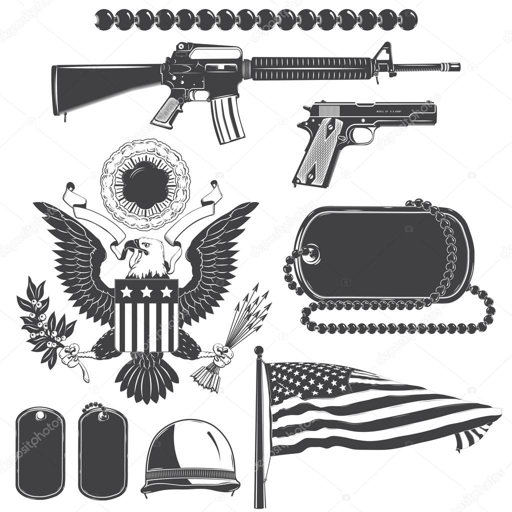 American patriotic elements set. Weapons, armor, flag, seal. Typographic labels,stickers, logos and badges. Flat vector illustration