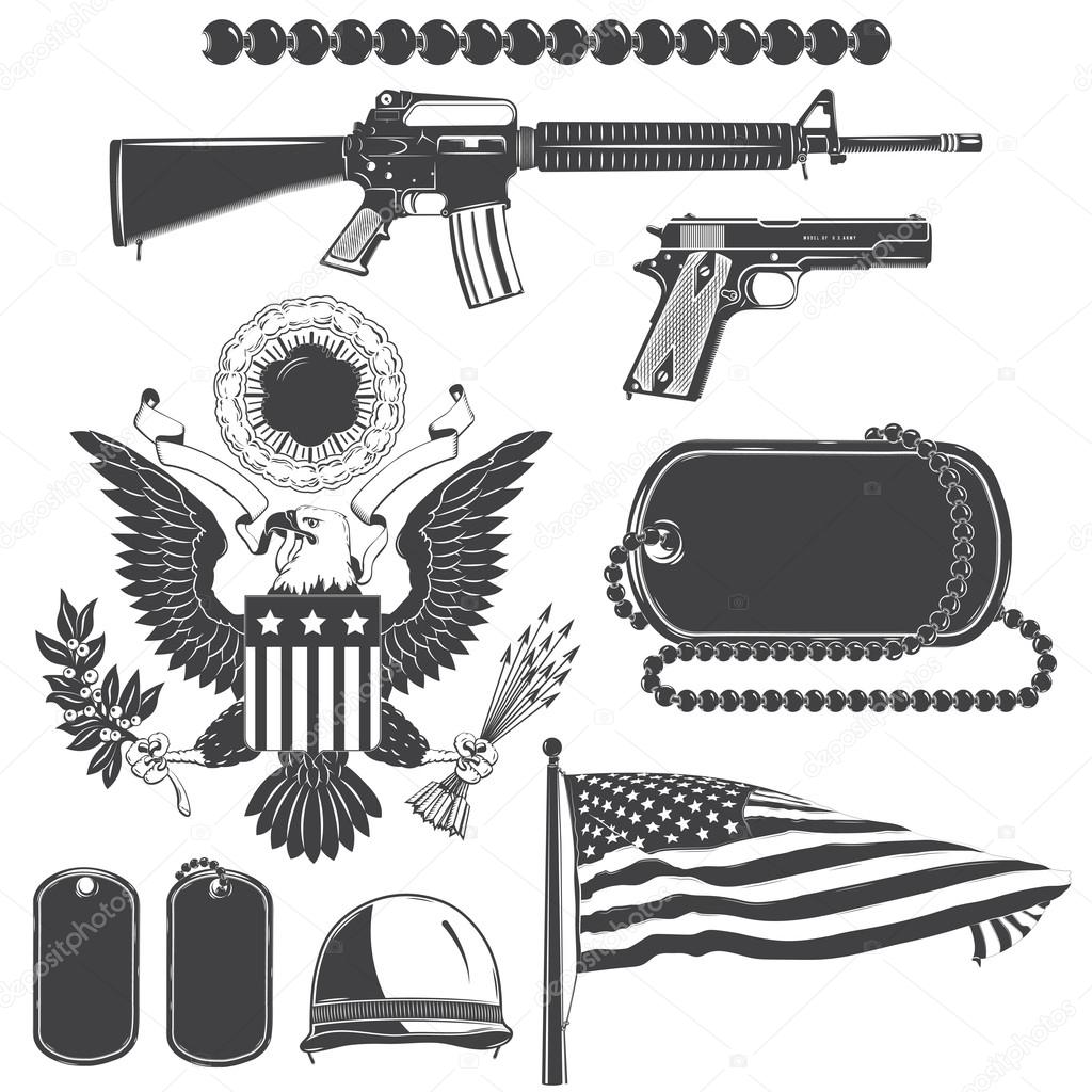 American patriotic elements set. Weapons, armor, flag, seal. Typographic labels,stickers, logos and badges.