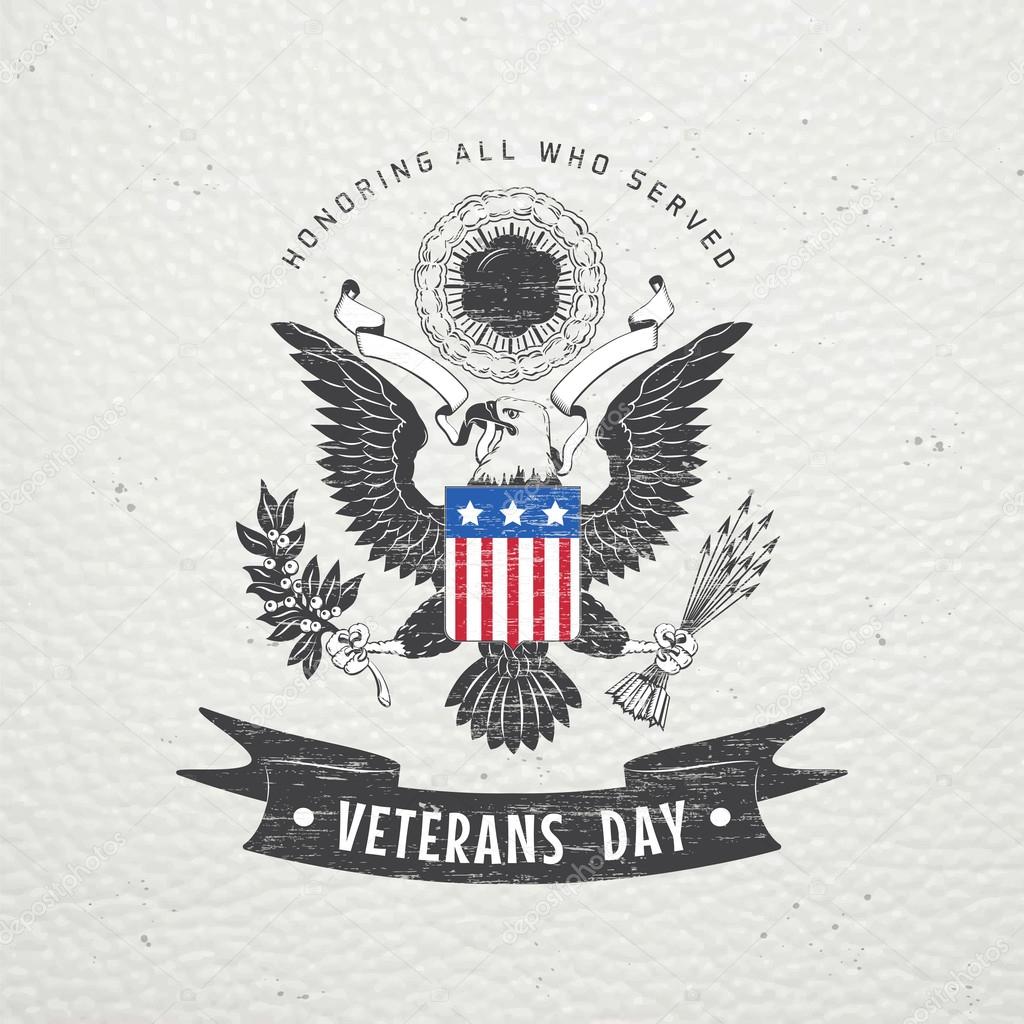 Happy veterans day. Detailed elements. Old retro vintage grunge. Scratched, damaged, dirty effect. Typographic labels, stickers, logos and badges.