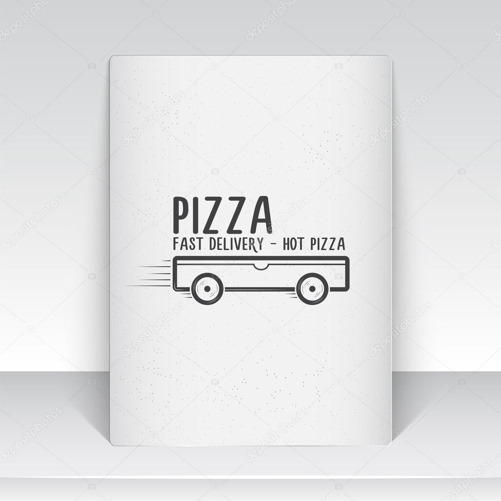Pizza delivery. The food and service. Old school of vintage label. Sheet of white paper. Monochrome typographic labels, stickers, logos and badges. Flat vector illustration