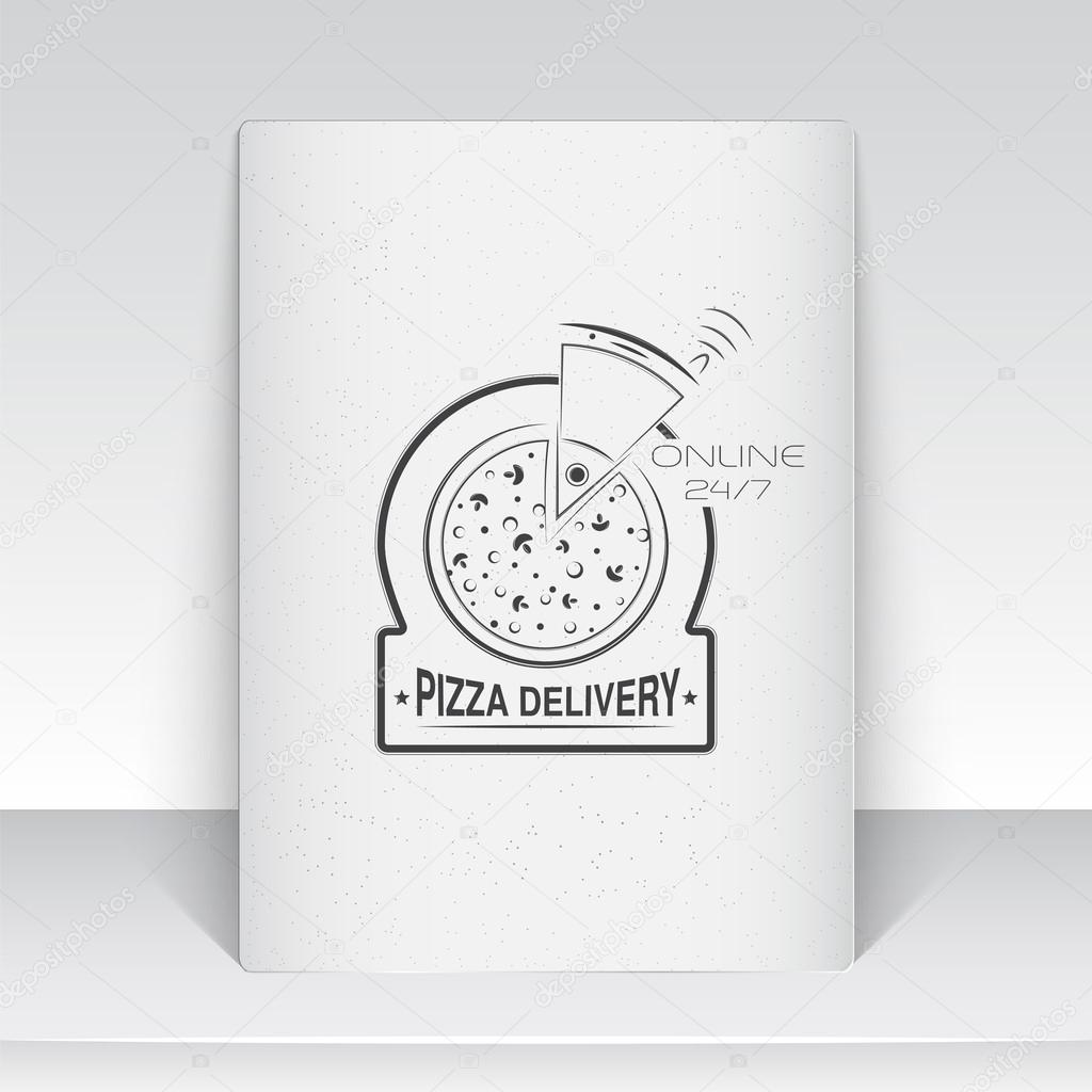 Pizza delivery. The food and service. Old school of vintage label. Sheet of white paper. Monochrome typographic labels, stickers, logos and badges. Flat vector illustration
