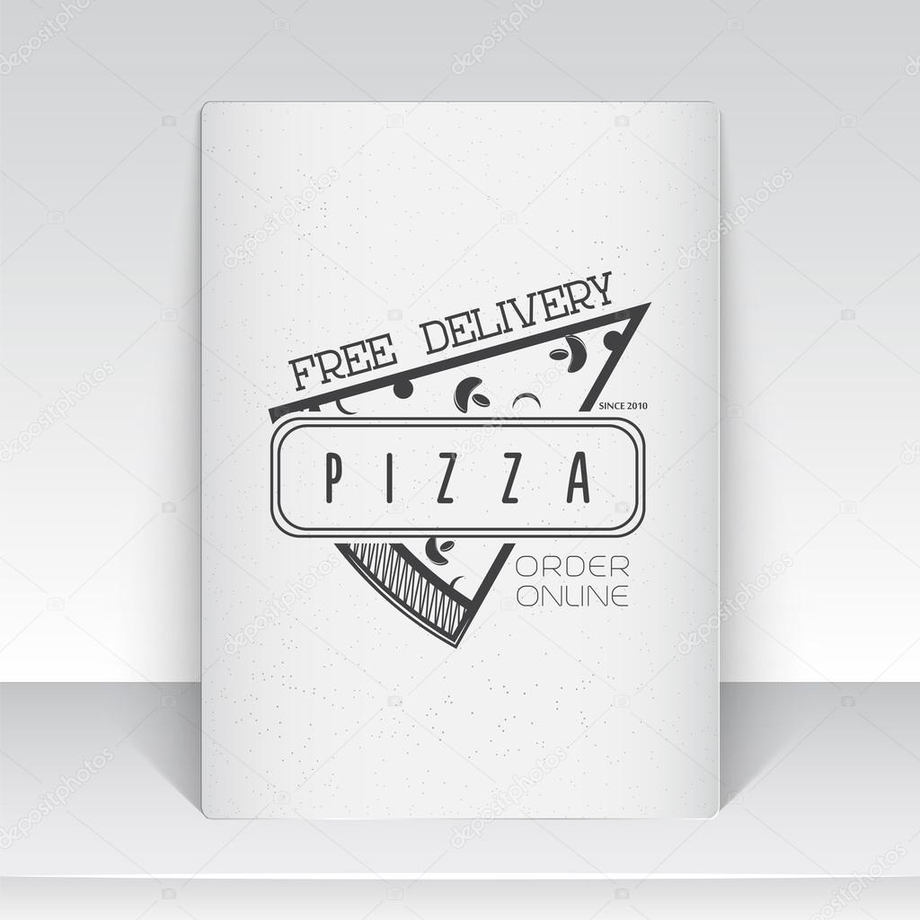 Pizza delivery. The food and service. Old school of vintage label. Sheet of white paper. Monochrome typographic labels, stickers, logos and badges. Flat vector illustration