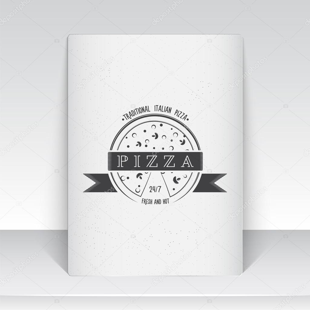 Pizza delivery. The food and service. Old school of vintage label. Sheet of white paper. Monochrome typographic labels, stickers, logos and badges. Flat vector illustration