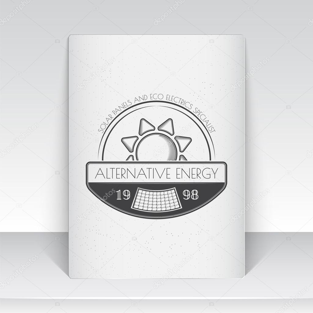 Solar panels for energy. Sustainable ecological solar energy generator powered by natural energy source. Old school of vintage label. Sheet of white paper. Monochrome typographic labels, stickers, logos and badges. Flat vector illustration