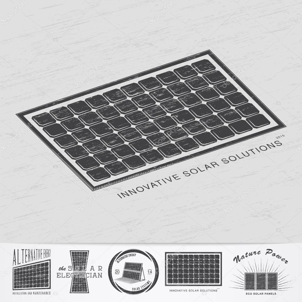 Solar panels for energy. Sustainable ecological solar energy generator powered by natural energy source. Old school of vintage label. Sheet of white paper. Monochrome typographic labels, stickers, logos and badges.