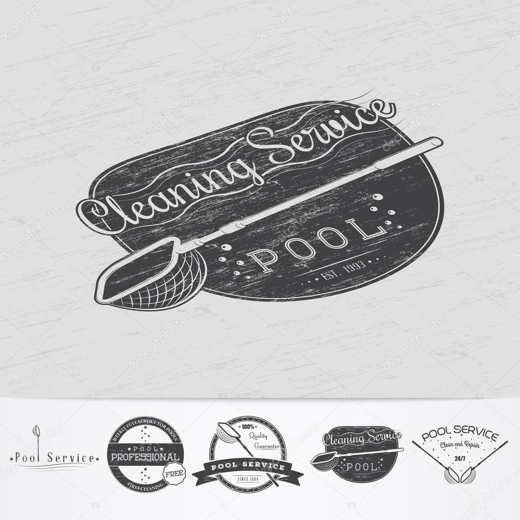 Pool Service. Maintenance and Cleaning. Repair and adjustment of the house. Old retro vintage grunge. Monochrome typographic labels, stickers, logos and badges. Flat vector illustration