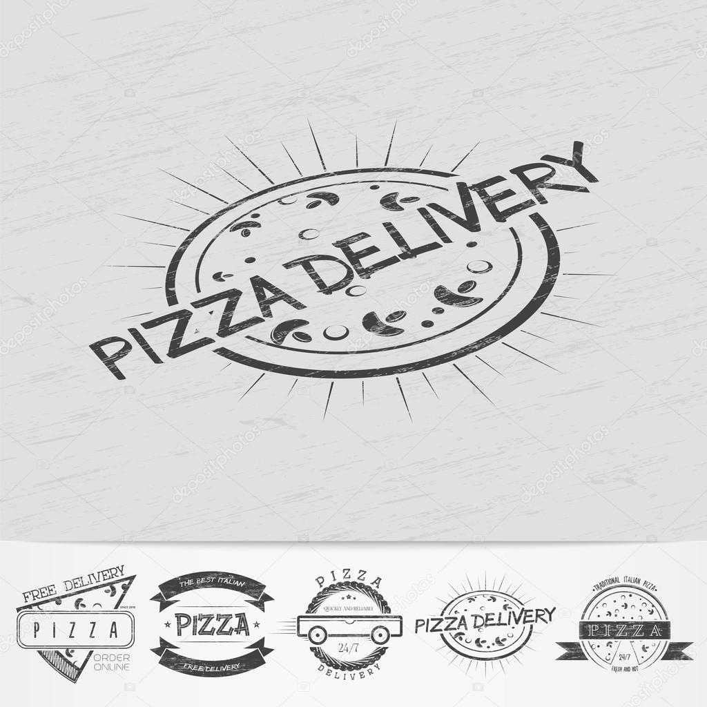 Pizza delivery. The food and service. Old school of vintage label. Old retro vintage grunge. Scratched, damaged, dirty effect. Monochrome typographic labels, stickers, logos and badges. Flat vector illustration