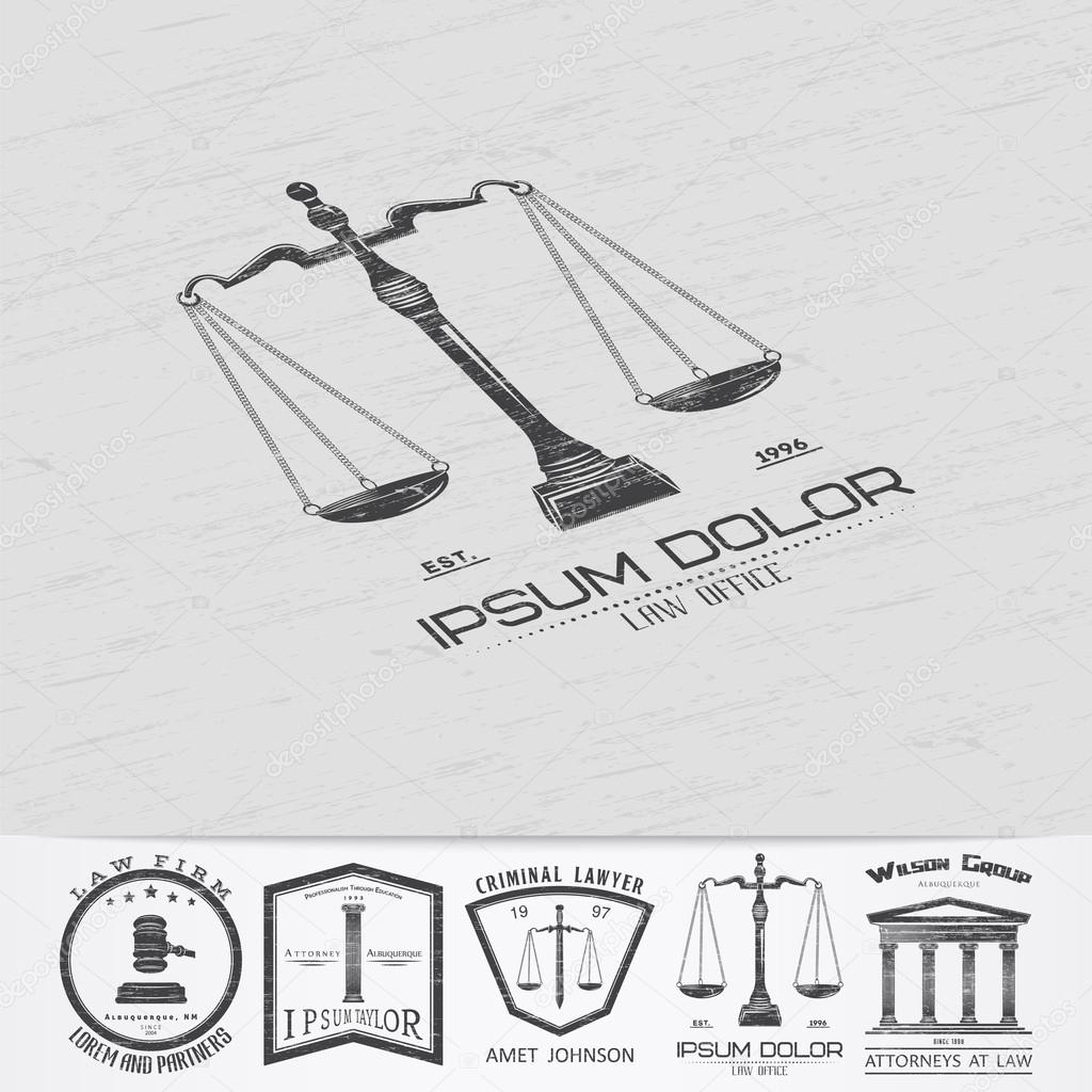 Lawyer services. Law office. The judge, the district attorney, the lawyer of vintage labels. Scales of Justice. Old retro vintage grunge. Typographic labels, stickers, logos and badges. Flat vector illustration