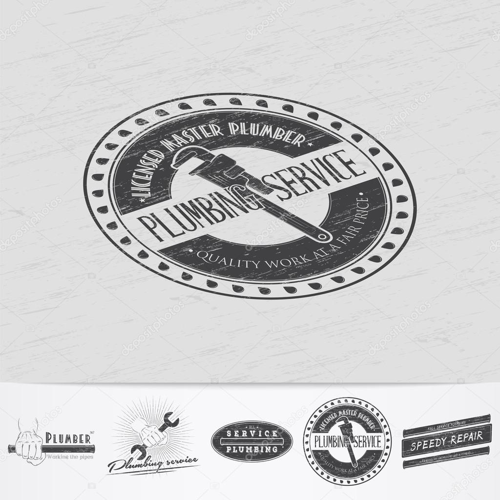 Plumbing service. Home repairs. Repair and maintenance of buildings.Old retro vintage grunge. Scratched, damaged, dirty effect. Monochrome typographic labels, stickers, logos and badges. Flat vector illustration