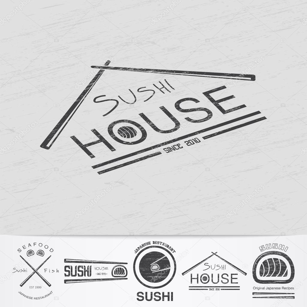 Sushi and rolls a set. Japanese kitchen. Food and service. Old retro vintage grunge. Scratched, damaged, dirty effect. Monochrome typographic labels, stickers, logos and badges. Flat vector illustration